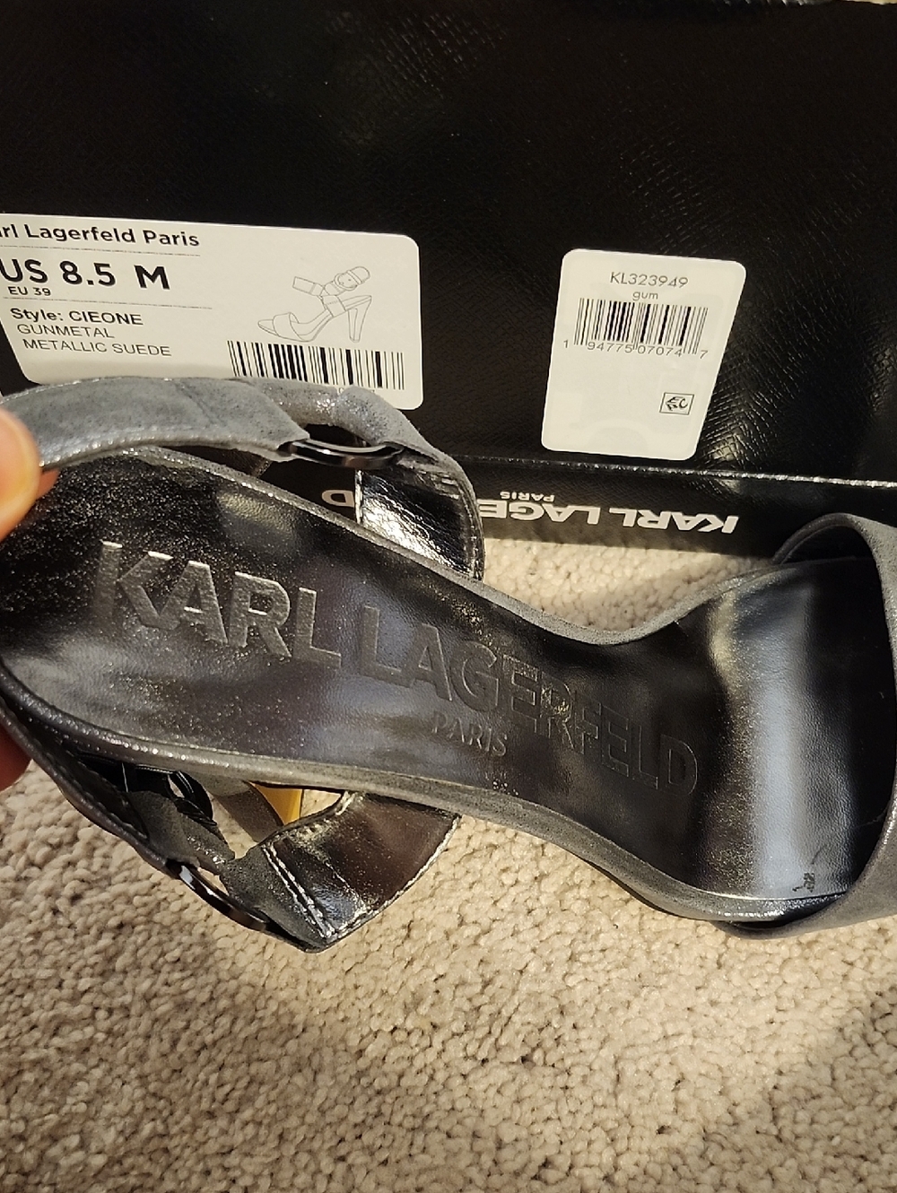 Karl Lagerfeld Silver Metallic Strappy Heeled Sandals - Picture 2 of 7